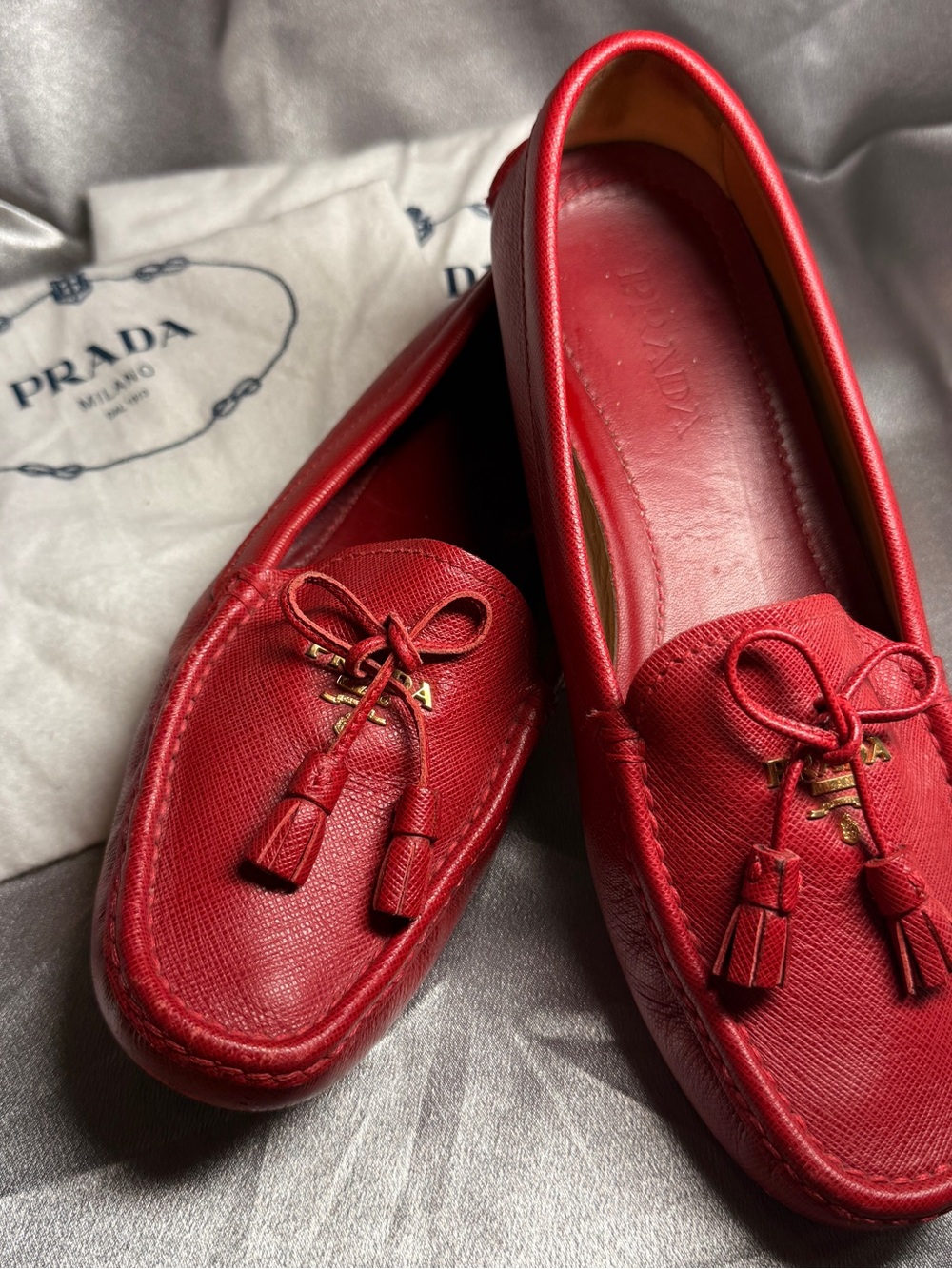 PRADA Saffiano Red Leather Tassel-Bow Driving Loafers Size 37 US Size 7